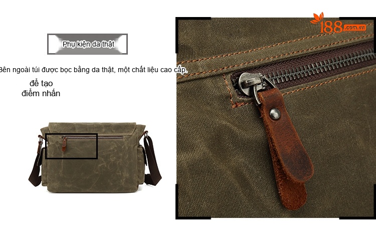 Túi Đeo Chéo Nam Vải Canvas Phối Da Túi Đựng Laptop Du Lịch Công Sở Màu Xanh Rêu, Nâu chi tiết 13