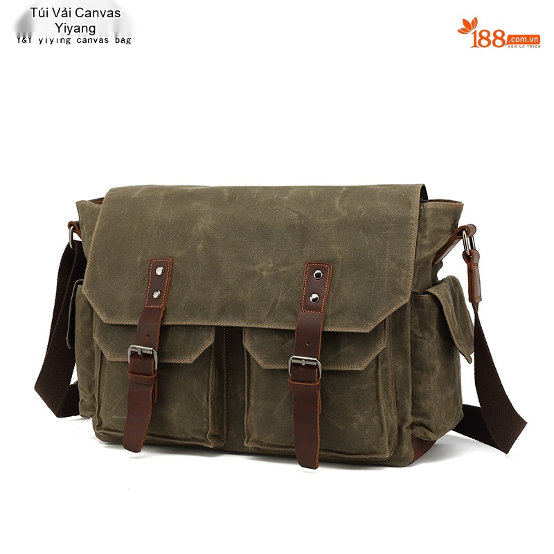 Túi Đeo Chéo Nam Vải Canvas Phối Da Túi Đựng Laptop Du Lịch Công Sở Màu Xanh Rêu, Nâu