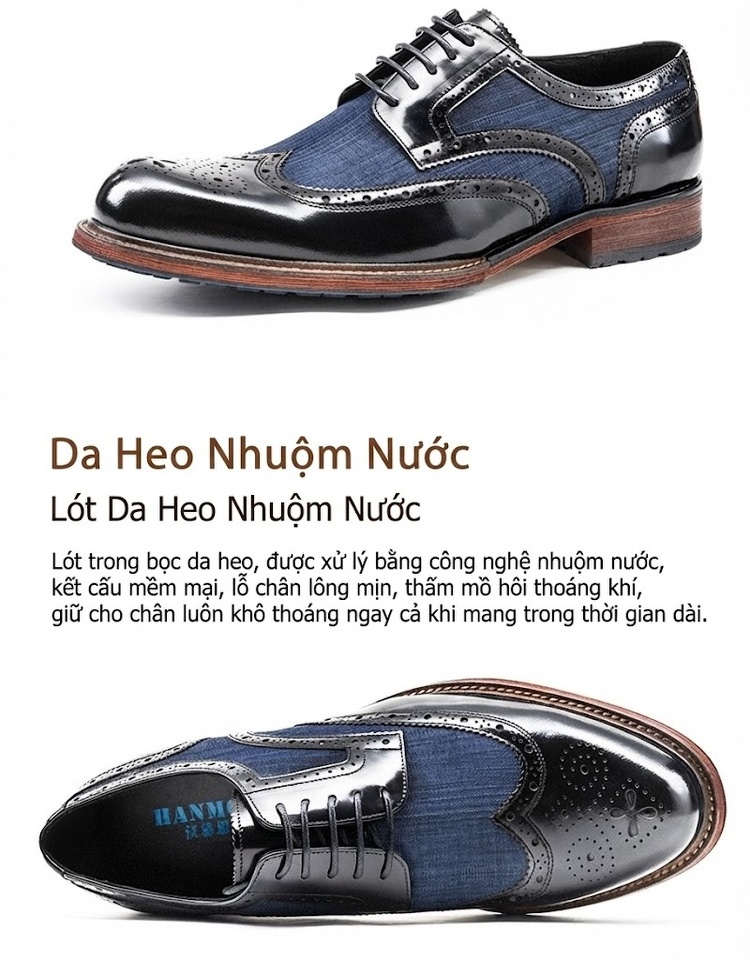 Giày Tây Buộc Dây Nam Da Bóng Phối Vải Chiều Cao Đế Khoảng 3cm Màu Đen, Xanh Navy chi tiết 4