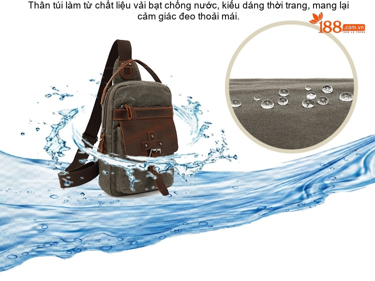 Túi Đeo Ngực/Đeo Chéo Du Lịch Vải Canvas Phối Da Thật Màu Xanh Rêu, Nâu chi tiết 3