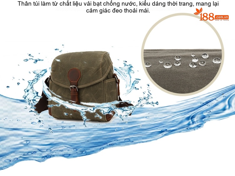 Túi Đeo Chéo Nam Nữ Vải Canvas Da Thật Chống Nước Phong Cách Retro Màu Nâu, Xanh Rêu chi tiết 3