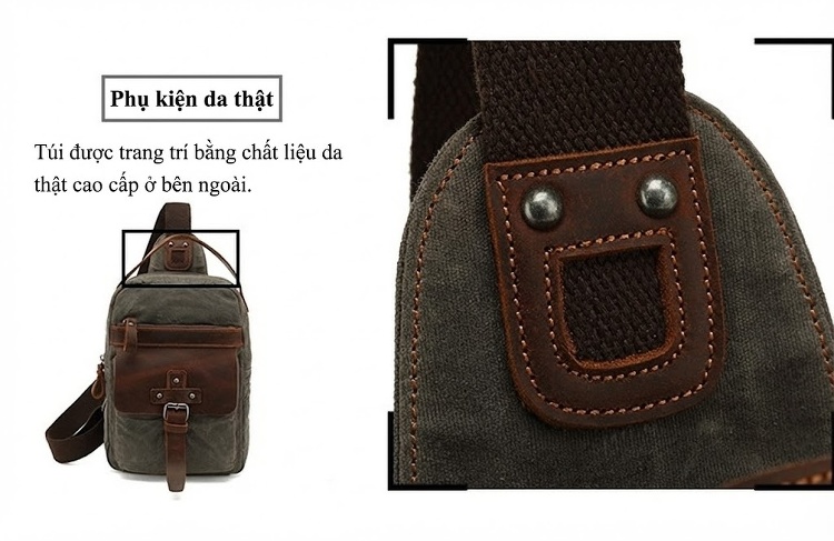 Túi Đeo Ngực/Đeo Chéo Du Lịch Vải Canvas Phối Da Thật Màu Xanh Rêu, Nâu chi tiết 12