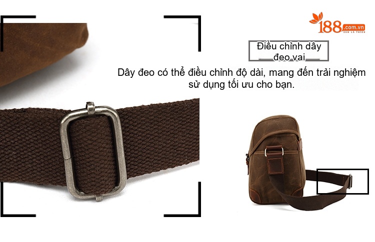 Túi Đeo Chéo Nam Nữ Vải Canvas Da Thật Chống Nước Phong Cách Retro Màu Nâu, Xanh Rêu chi tiết 10