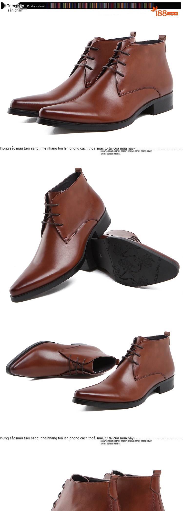 Giày Boot Nam Da Bò Mũi Nhọn Cổ Cao Chiều Cao Đế Khoảng 3cm Màu Nâu chi tiết 1