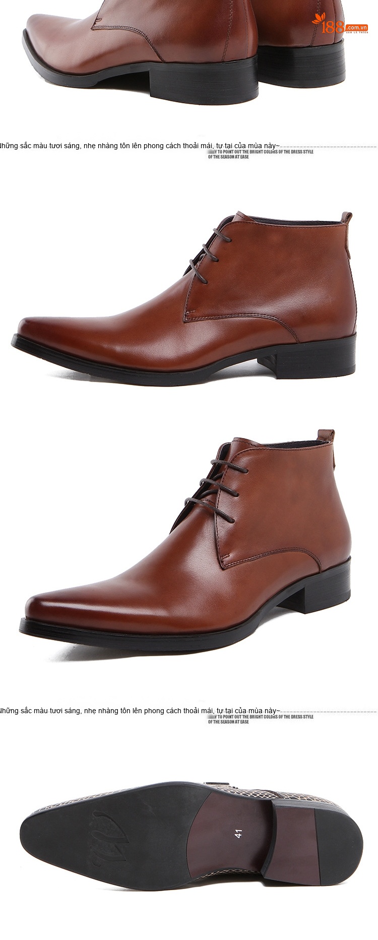Giày Boot Nam Da Bò Mũi Nhọn Cổ Cao Chiều Cao Đế Khoảng 3cm Màu Nâu chi tiết 2