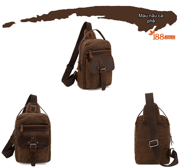 Túi Đeo Ngực/Đeo Chéo Du Lịch Vải Canvas Phối Da Thật Màu Xanh Rêu, Nâu chi tiết 6