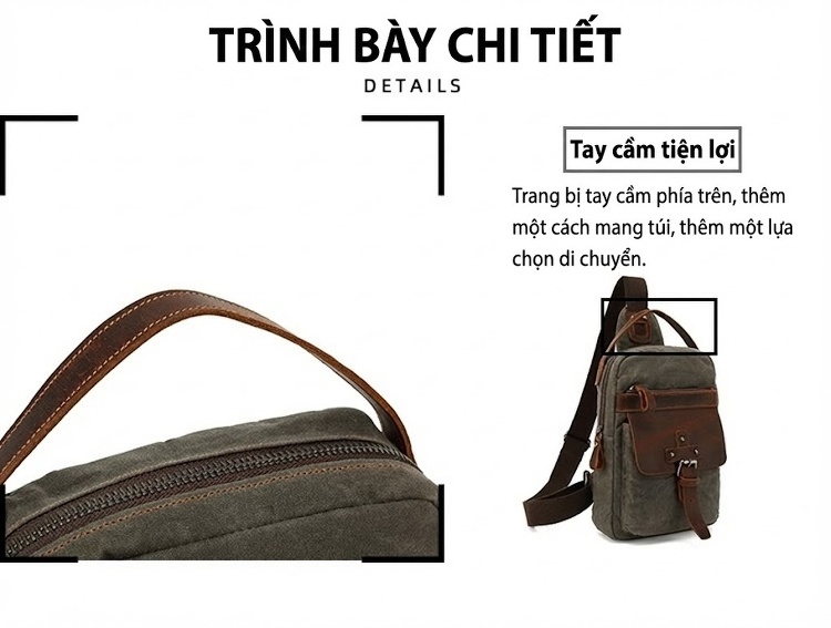 Túi Đeo Ngực/Đeo Chéo Du Lịch Vải Canvas Phối Da Thật Màu Xanh Rêu, Nâu chi tiết 9