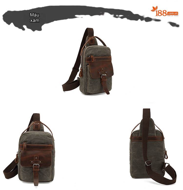 Túi Đeo Ngực/Đeo Chéo Du Lịch Vải Canvas Phối Da Thật Màu Xanh Rêu, Nâu chi tiết 7
