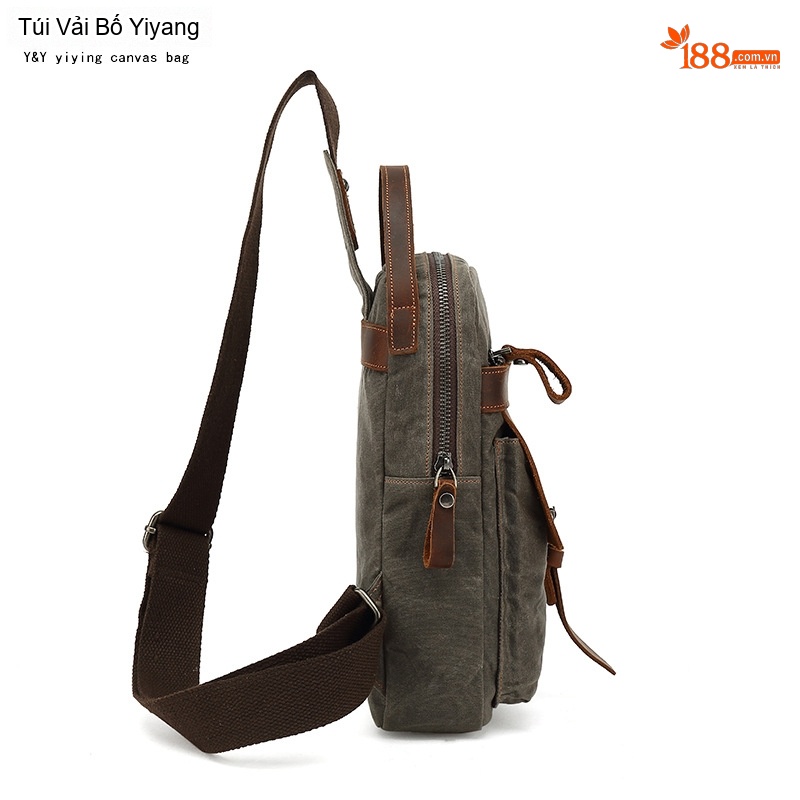 Túi Đeo Ngực/Đeo Chéo Du Lịch Vải Canvas Phối Da Thật Màu Xanh Rêu, Nâu