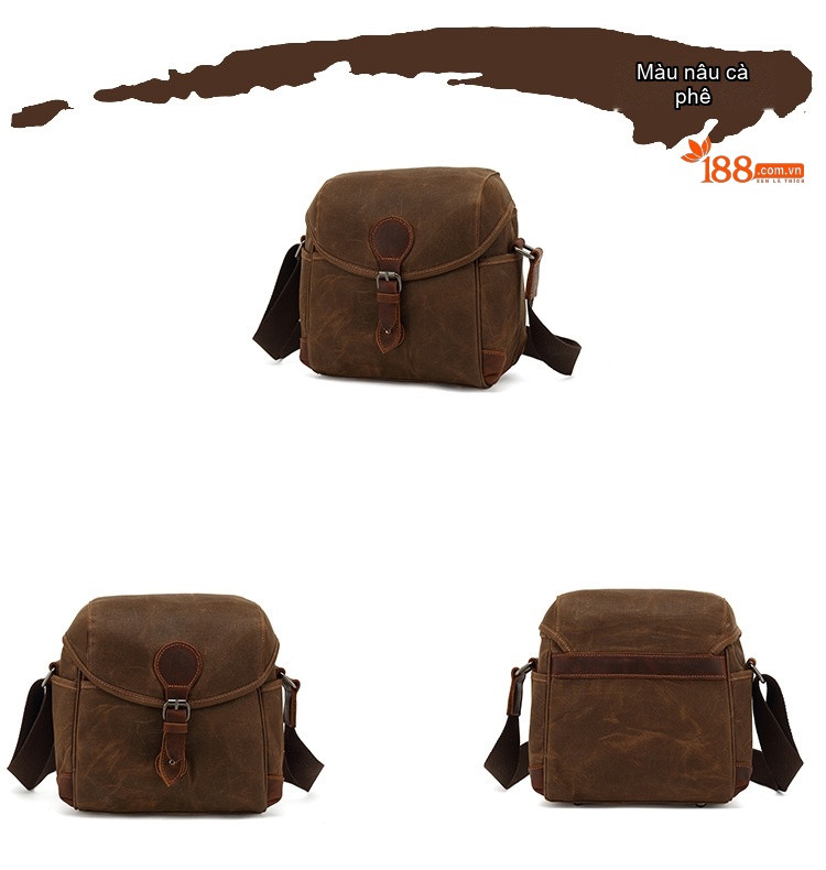 Túi Đeo Chéo Nam Nữ Vải Canvas Da Thật Chống Nước Phong Cách Retro Màu Nâu, Xanh Rêu chi tiết 6