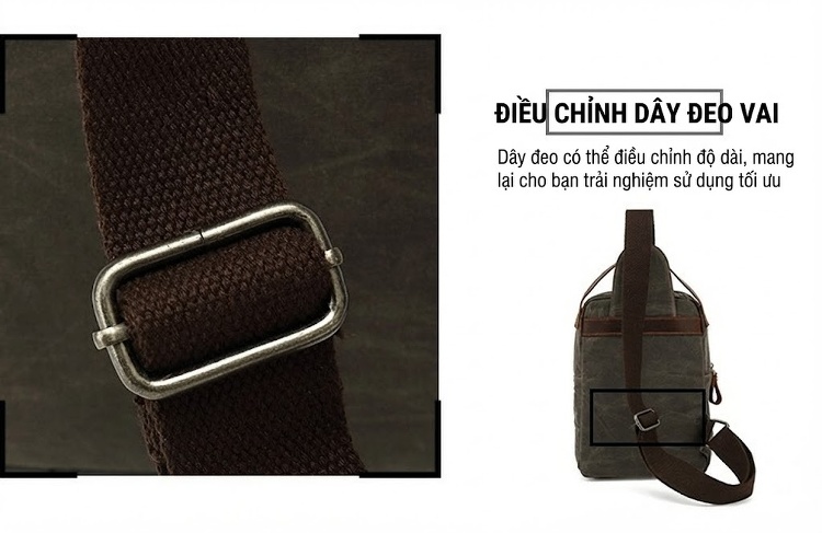 Túi Đeo Ngực/Đeo Chéo Du Lịch Vải Canvas Phối Da Thật Màu Xanh Rêu, Nâu chi tiết 11