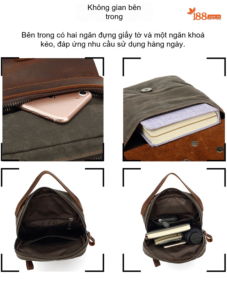 Túi Đeo Ngực/Đeo Chéo Du Lịch Vải Canvas Phối Da Thật Màu Xanh Rêu, Nâu chi tiết 13