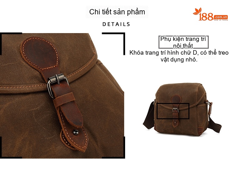 Túi Đeo Chéo Nam Nữ Vải Canvas Da Thật Chống Nước Phong Cách Retro Màu Nâu, Xanh Rêu chi tiết 9