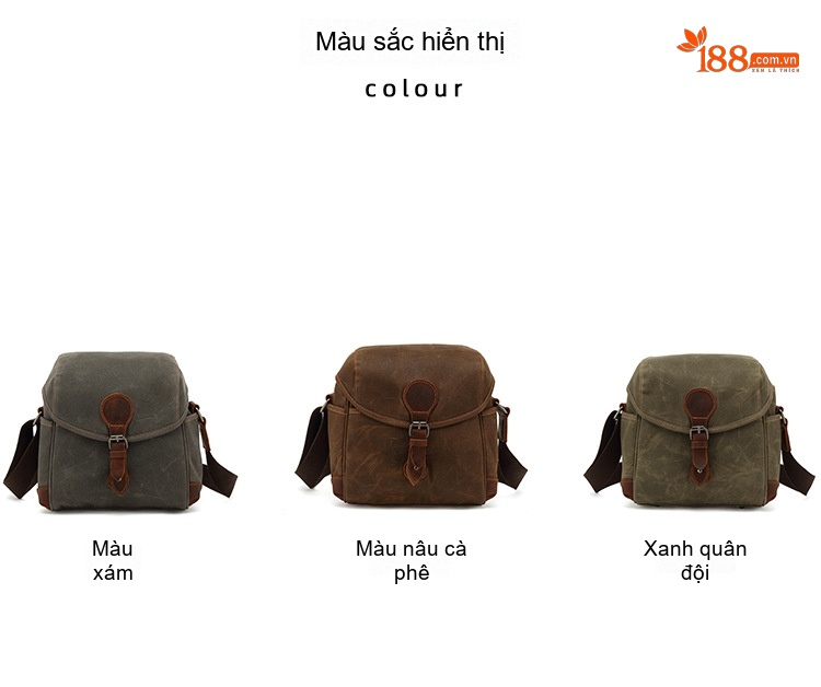 Túi Đeo Chéo Nam Nữ Vải Canvas Da Thật Chống Nước Phong Cách Retro Màu Nâu, Xanh Rêu chi tiết 5