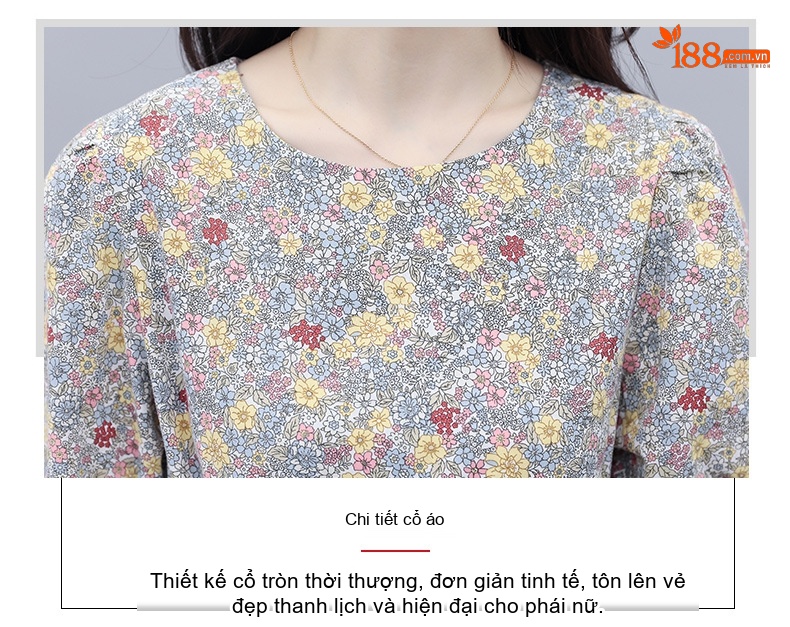 Váy Midi Nữ Cotton Lanh Họa Tiết Hoa Nhỏ Dáng Xòe Chiết Eo Tay Ngắn chi tiết 3