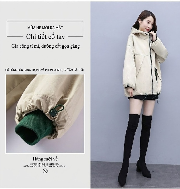 Áo Khoác Gió Nữ Dáng Rộng Có Mũ Trùm Đầu Phong Cách Hàn Quốc Màu Be, Đen chi tiết 7