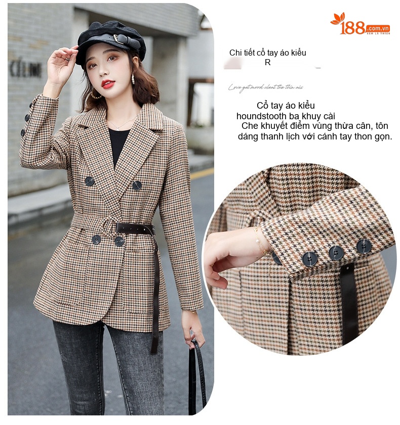 Áo Blazer Nữ Thu Đông Dáng Ngắn Chiết Eo Họa Tiết Kẻ Caro Phong Cách Anh Quốc Màu Nâu chi tiết 6