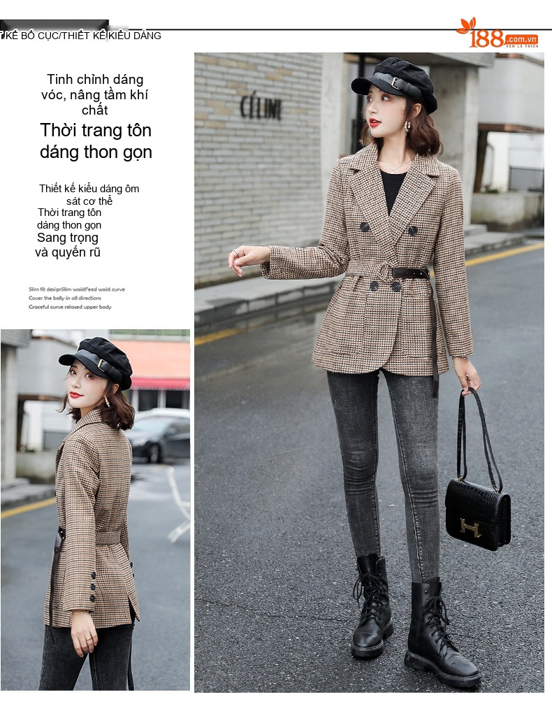 Áo Blazer Nữ Thu Đông Dáng Ngắn Chiết Eo Họa Tiết Kẻ Caro Phong Cách Anh Quốc Màu Nâu chi tiết 8