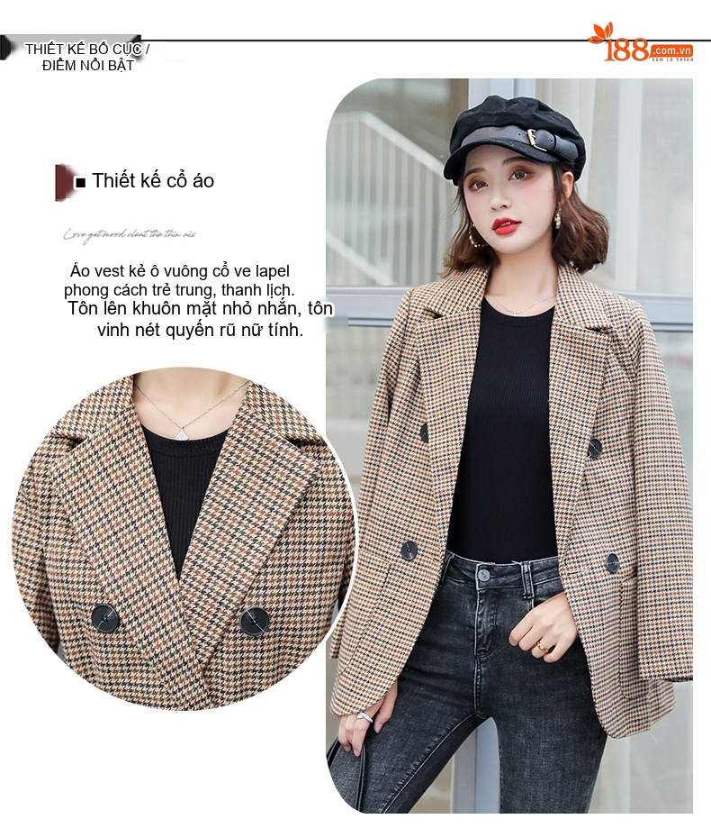 Áo Blazer Nữ Thu Đông Dáng Ngắn Chiết Eo Họa Tiết Kẻ Caro Phong Cách Anh Quốc Màu Nâu chi tiết 5