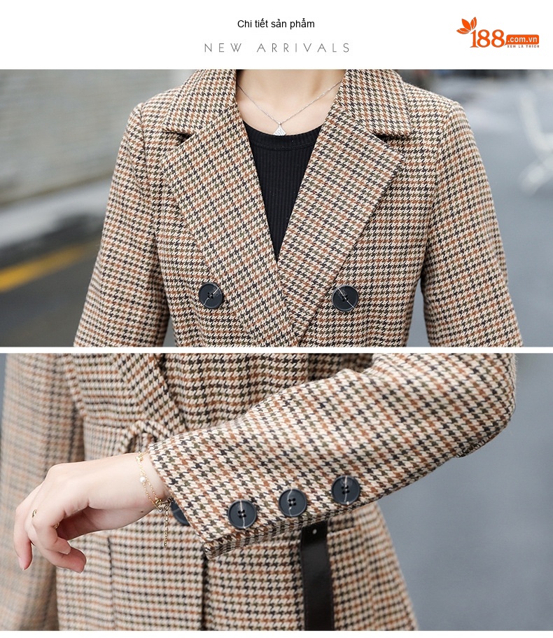 Áo Blazer Nữ Thu Đông Dáng Ngắn Chiết Eo Họa Tiết Kẻ Caro Phong Cách Anh Quốc Màu Nâu chi tiết 19