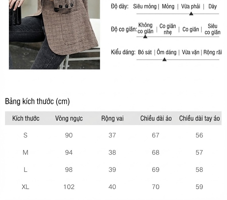 Áo Blazer Nữ Thu Đông Dáng Ngắn Chiết Eo Họa Tiết Kẻ Caro Phong Cách Anh Quốc Màu Nâu chi tiết 11