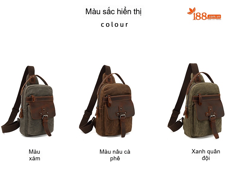 Túi Đeo Ngực/Đeo Chéo Du Lịch Vải Canvas Phối Da Thật Màu Xanh Rêu, Nâu chi tiết 5