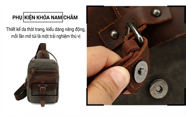 Túi Đeo Ngực/Đeo Chéo Du Lịch Vải Canvas Phối Da Thật Màu Xanh Rêu, Nâu chi tiết 10