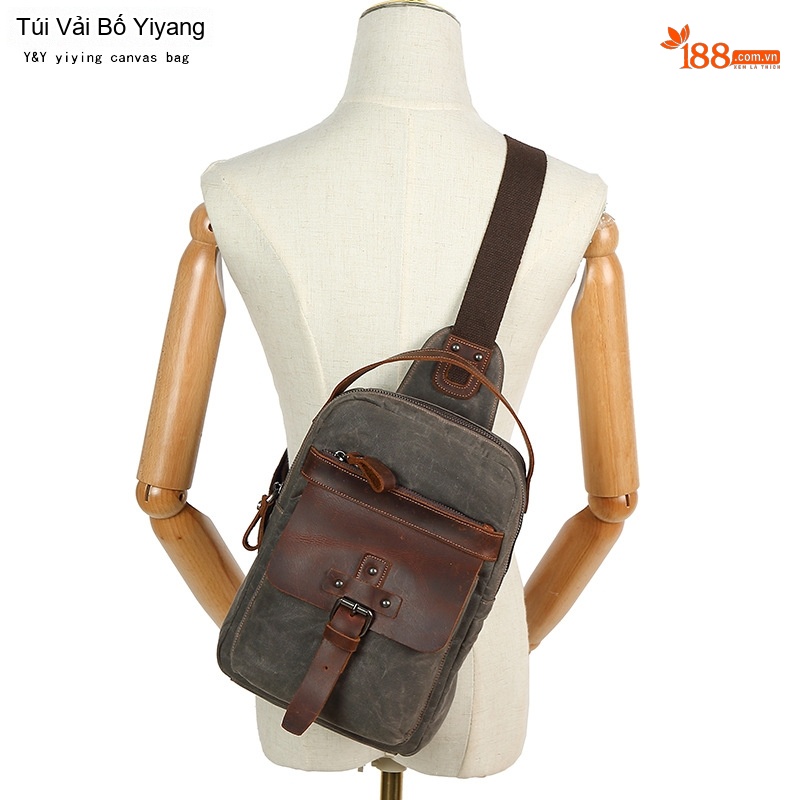 Túi Đeo Ngực/Đeo Chéo Du Lịch Vải Canvas Phối Da Thật Màu Xanh Rêu, Nâu