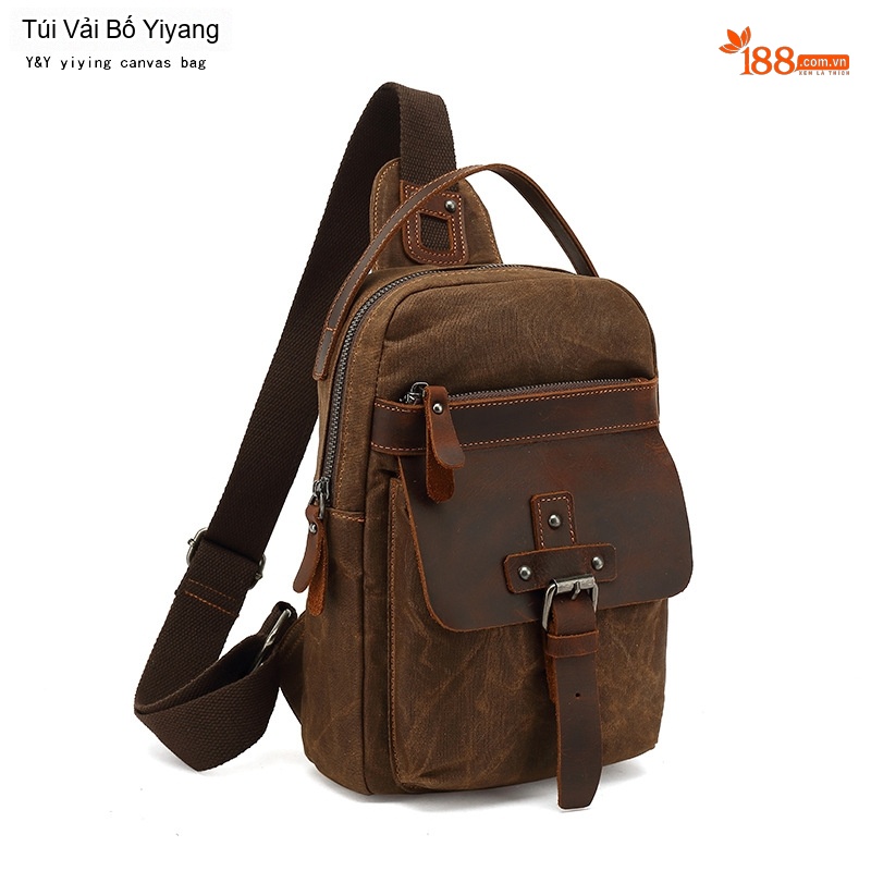 Túi Đeo Ngực/Đeo Chéo Du Lịch Vải Canvas Phối Da Thật Màu Xanh Rêu, Nâu