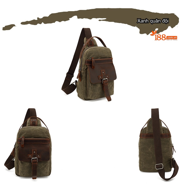 Túi Đeo Ngực/Đeo Chéo Du Lịch Vải Canvas Phối Da Thật Màu Xanh Rêu, Nâu chi tiết 8