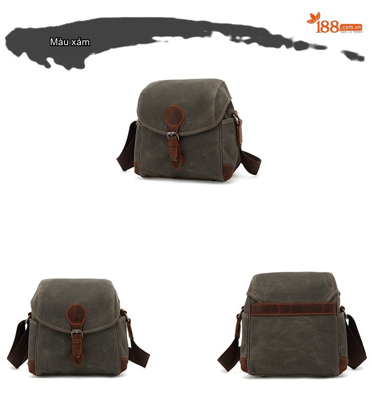 Túi Đeo Chéo Nam Nữ Vải Canvas Da Thật Chống Nước Phong Cách Retro Màu Nâu, Xanh Rêu chi tiết 7