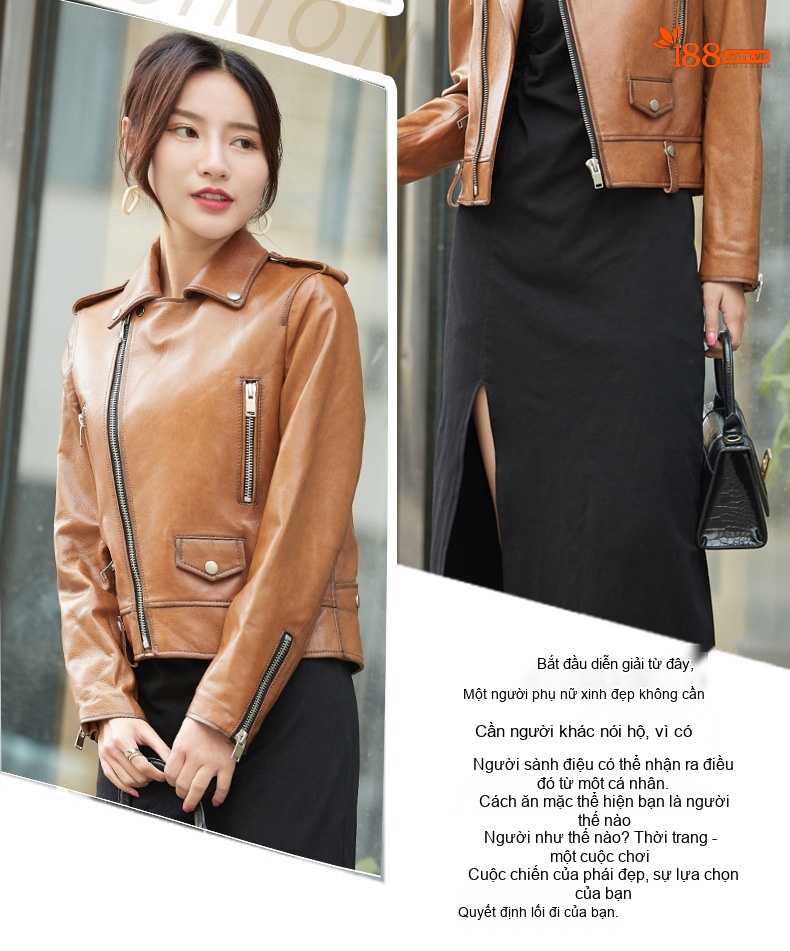 Áo Khoác Da Cừu Nữ Dáng Ngắn Ôm Dáng Cổ chữ Vest Màu Đen, Nâu chi tiết 3