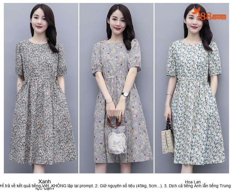 Váy Midi Nữ Cotton Lanh Họa Tiết Hoa Nhỏ Dáng Xòe Chiết Eo Tay Ngắn chi tiết 6