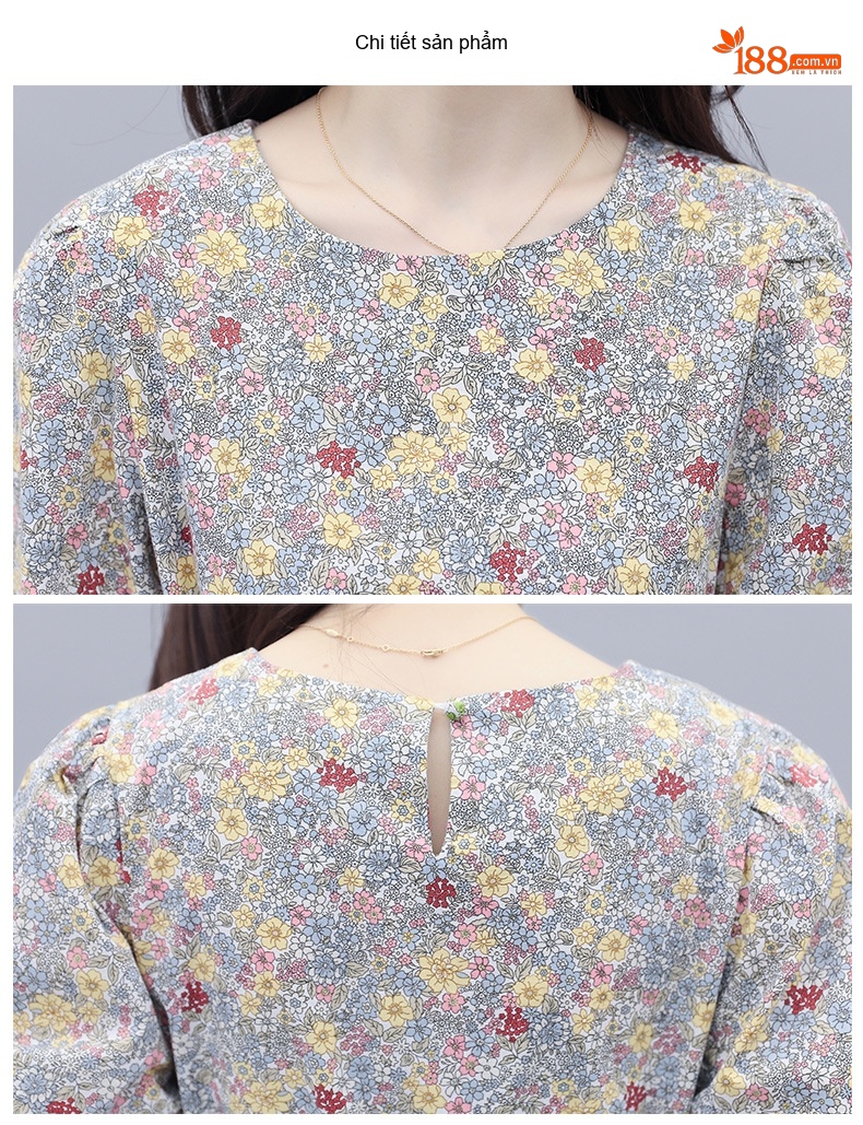 Váy Midi Nữ Cotton Lanh Họa Tiết Hoa Nhỏ Dáng Xòe Chiết Eo Tay Ngắn chi tiết 23