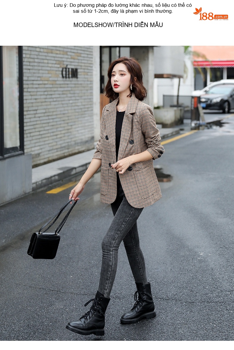 Áo Blazer Nữ Thu Đông Dáng Ngắn Chiết Eo Họa Tiết Kẻ Caro Phong Cách Anh Quốc Màu Nâu chi tiết 12