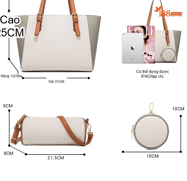 Túi Xách Tay Nữ Da Bóng Sức Chứa Lớn Set 3 Trong 1 Đeo Vai, Đeo Chéo Màu Nâu, Trắng, Xám, Xanh Navy chi tiết 13