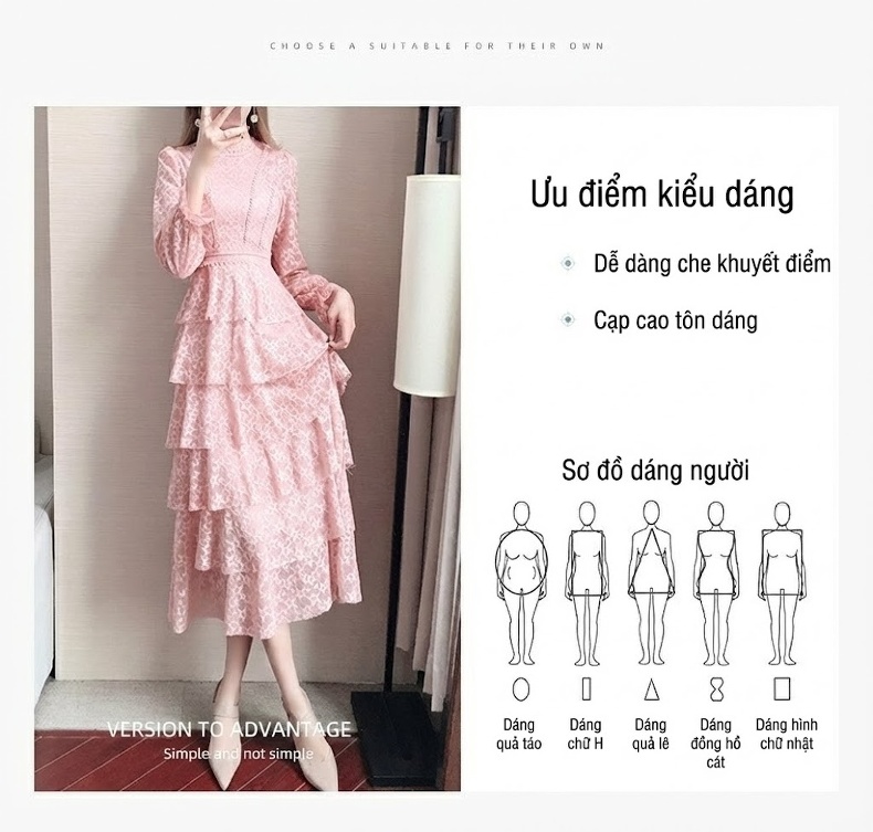 Váy Dài Tay Dáng Ôm Eo Ren Hoa Xếp Tầng Phong Cách Ulzzang Màu Hồng chi tiết 5