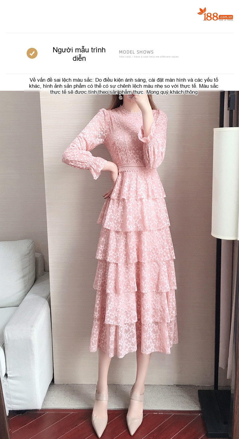 Váy Dài Tay Dáng Ôm Eo Ren Hoa Xếp Tầng Phong Cách Ulzzang Màu Hồng chi tiết 12