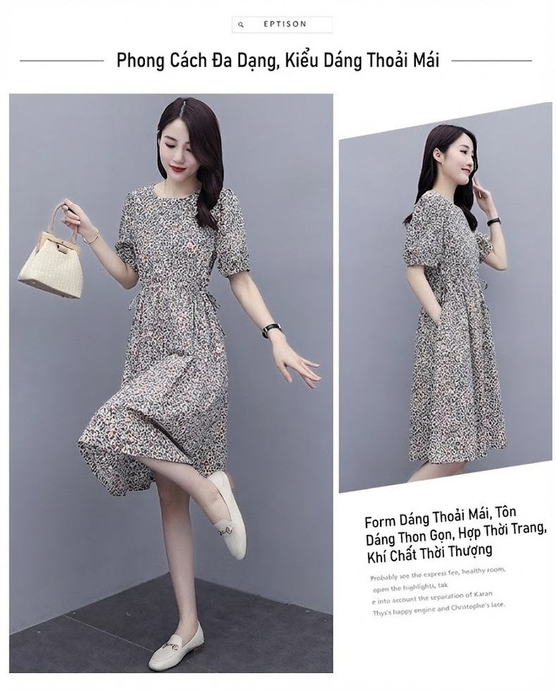 Váy Midi Nữ Cotton Lanh Họa Tiết Hoa Nhỏ Dáng Xòe Chiết Eo Tay Ngắn chi tiết 2