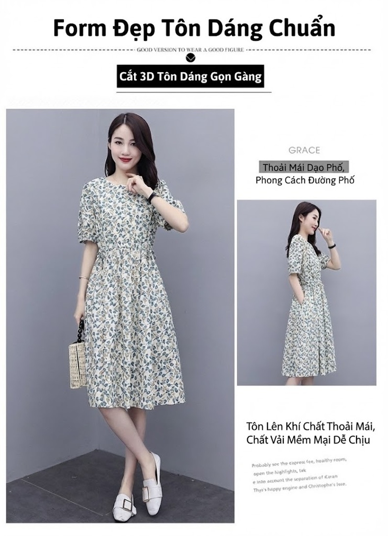 Váy Midi Nữ Cotton Lanh Họa Tiết Hoa Nhỏ Dáng Xòe Chiết Eo Tay Ngắn chi tiết 4