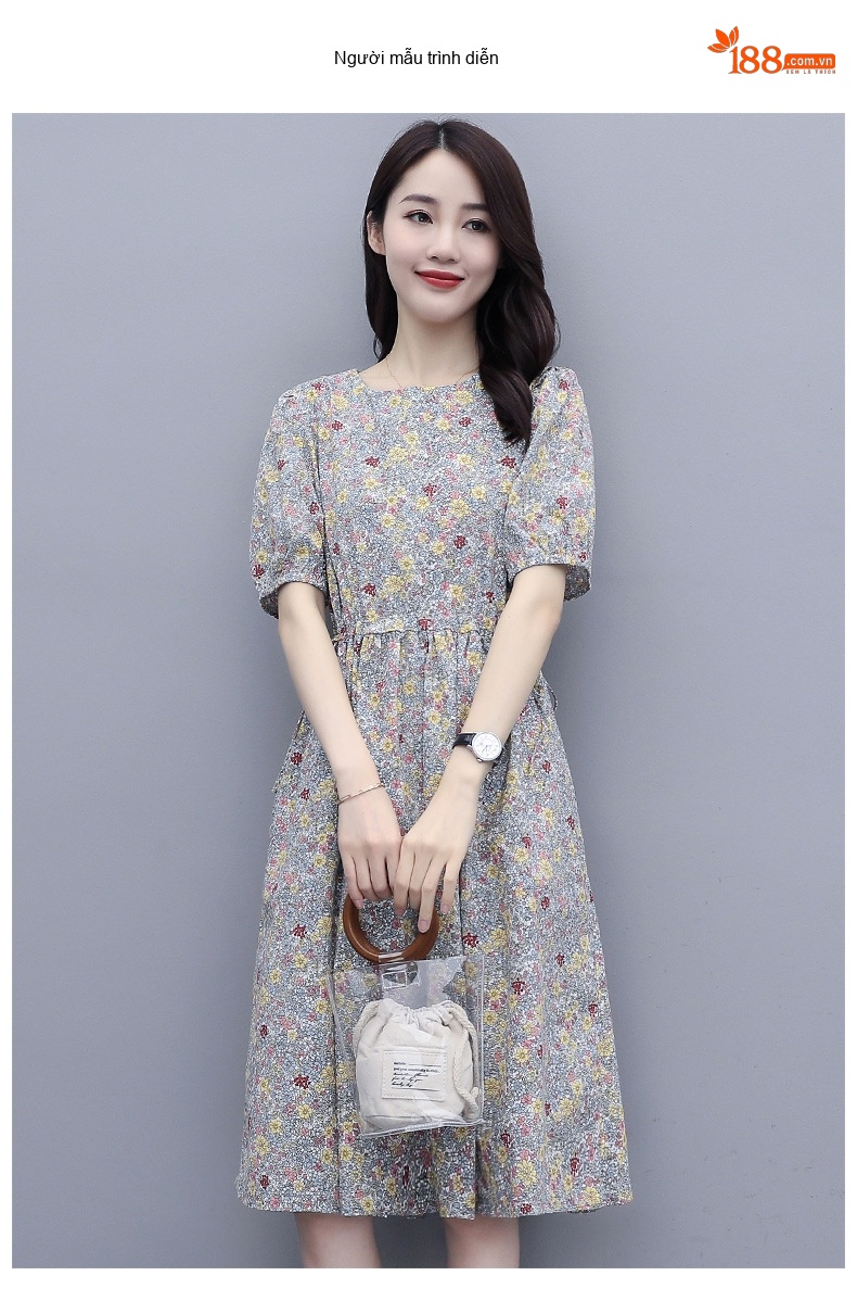 Váy Midi Nữ Cotton Lanh Họa Tiết Hoa Nhỏ Dáng Xòe Chiết Eo Tay Ngắn chi tiết 7