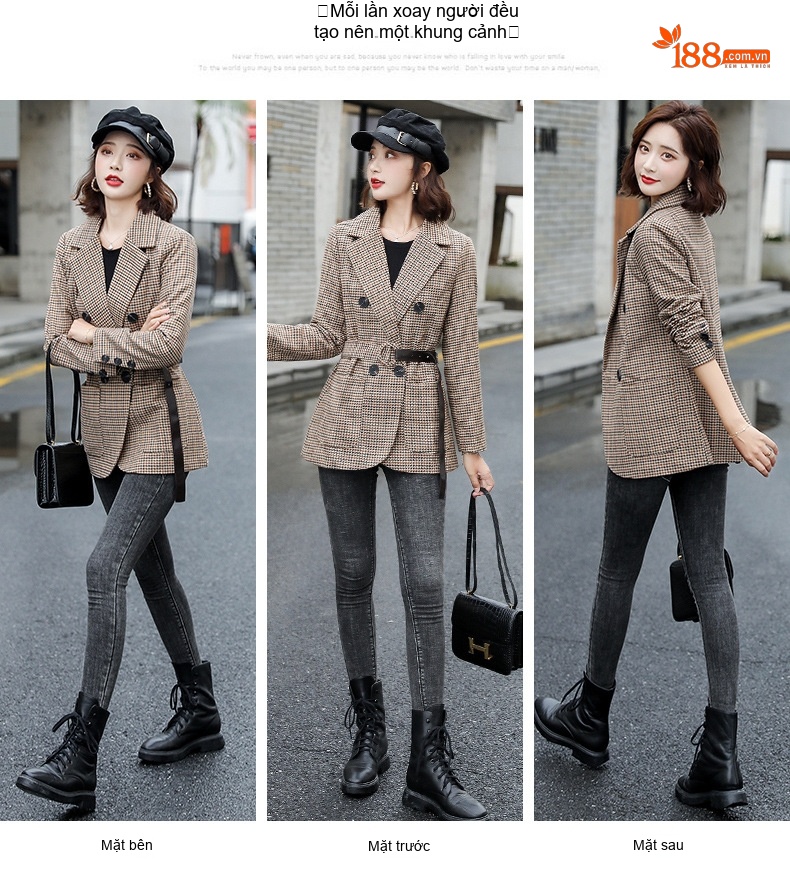 Áo Blazer Nữ Thu Đông Dáng Ngắn Chiết Eo Họa Tiết Kẻ Caro Phong Cách Anh Quốc Màu Nâu chi tiết 4