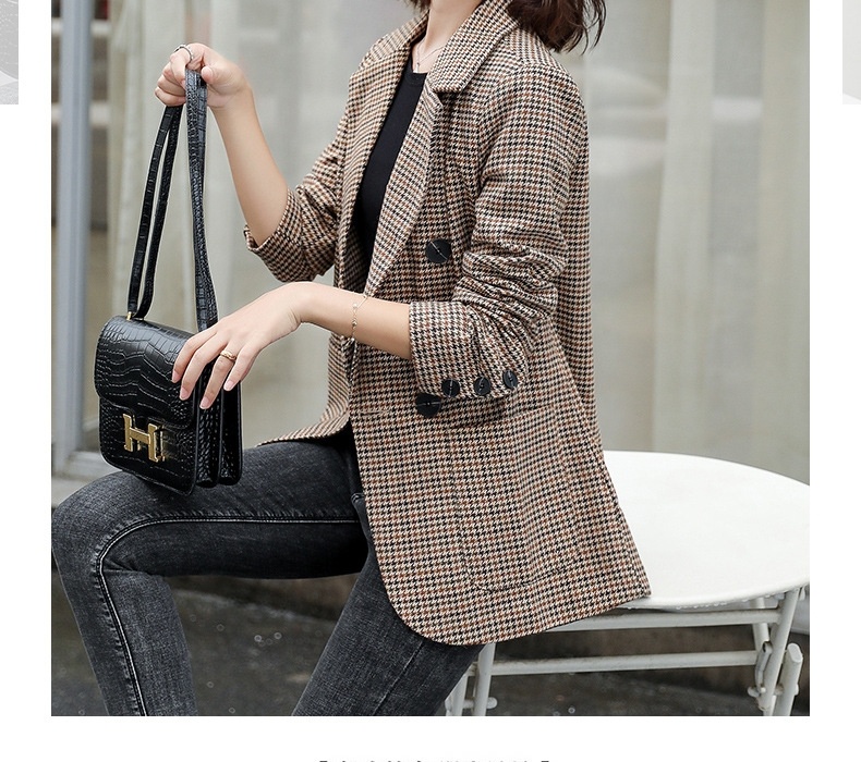 Áo Blazer Nữ Thu Đông Dáng Ngắn Chiết Eo Họa Tiết Kẻ Caro Phong Cách Anh Quốc Màu Nâu chi tiết 3