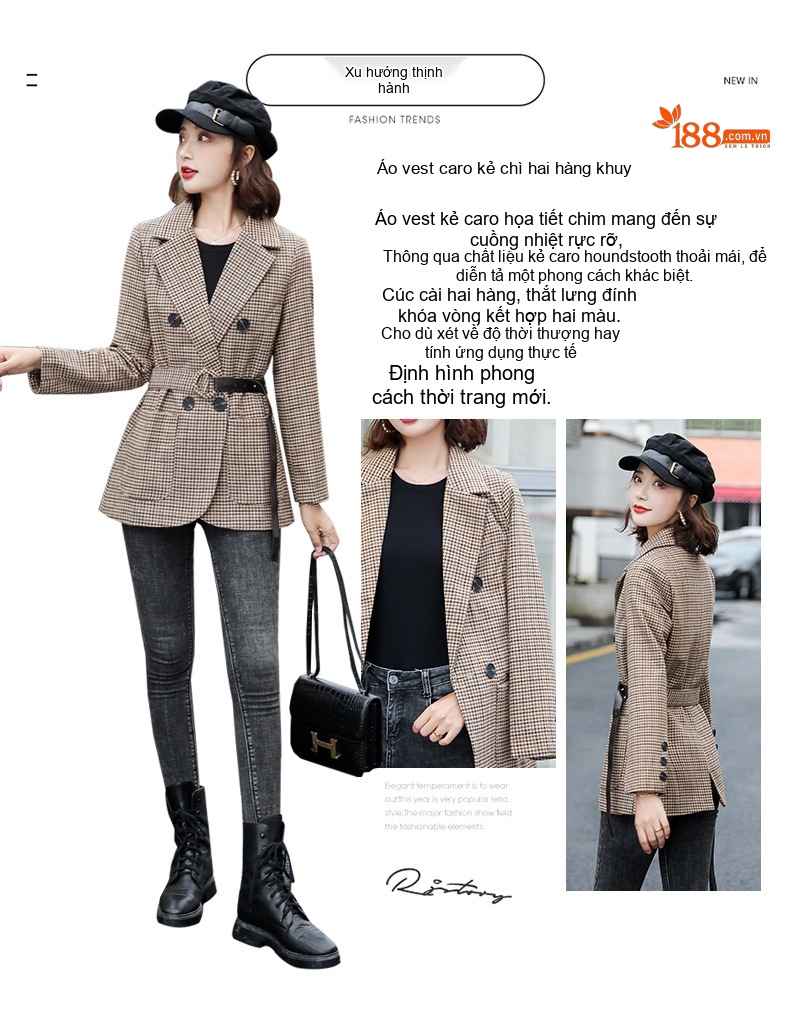 Áo Blazer Nữ Thu Đông Dáng Ngắn Chiết Eo Họa Tiết Kẻ Caro Phong Cách Anh Quốc Màu Nâu chi tiết 1