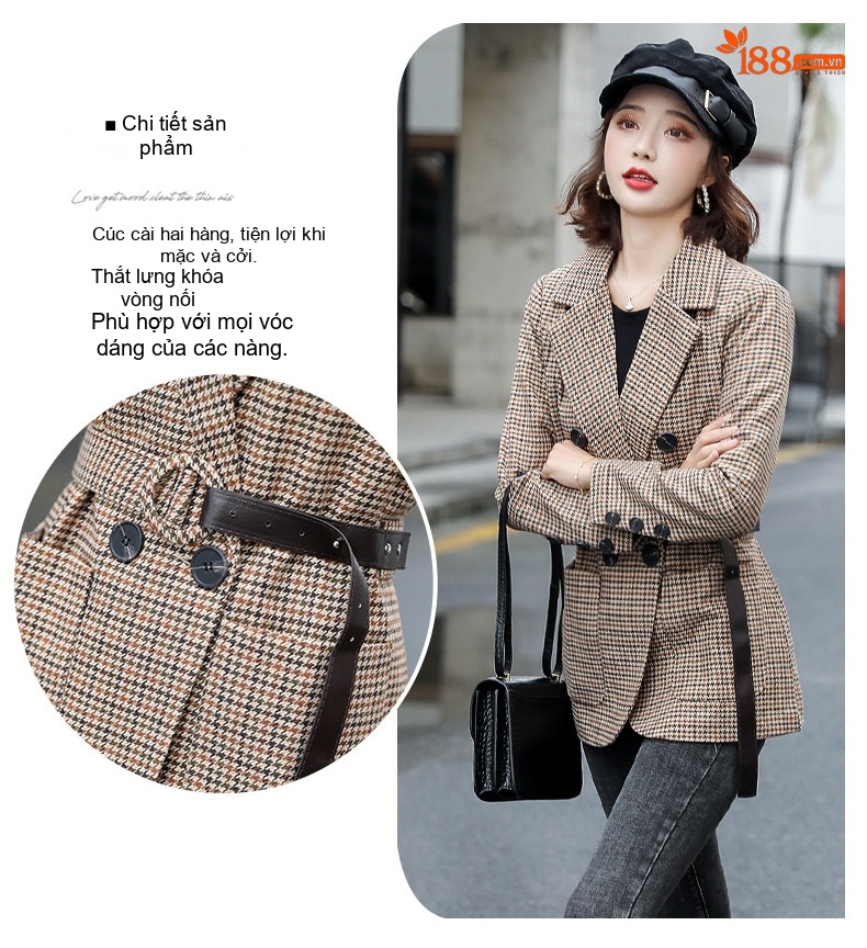 Áo Blazer Nữ Thu Đông Dáng Ngắn Chiết Eo Họa Tiết Kẻ Caro Phong Cách Anh Quốc Màu Nâu chi tiết 7