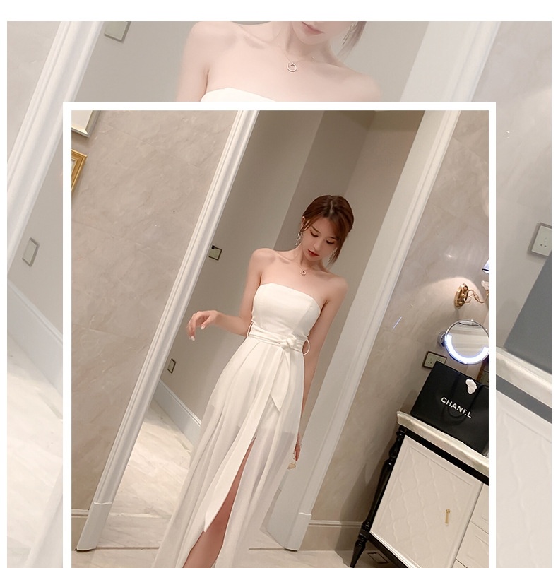 Jumpsuit Nữ Ống Rộng Hở Vai Cổ Yếm Thắt Nơ Eo Cao Xẻ Tà Sexy Màu Trắng chi tiết 2