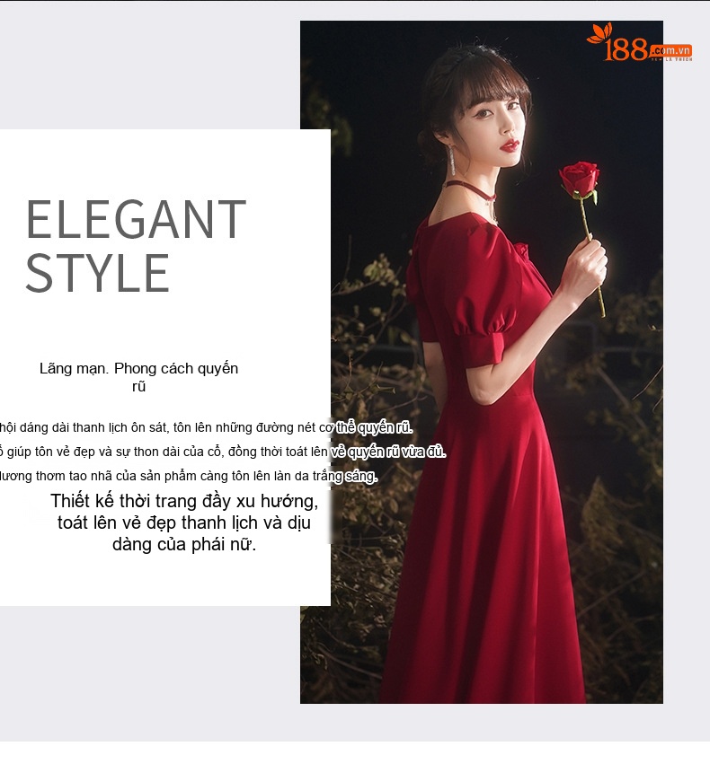Váy Cưới Dáng Dài Tay Bồng Phong Cách Hiện Đại Màu Đỏ Rượu chi tiết 1