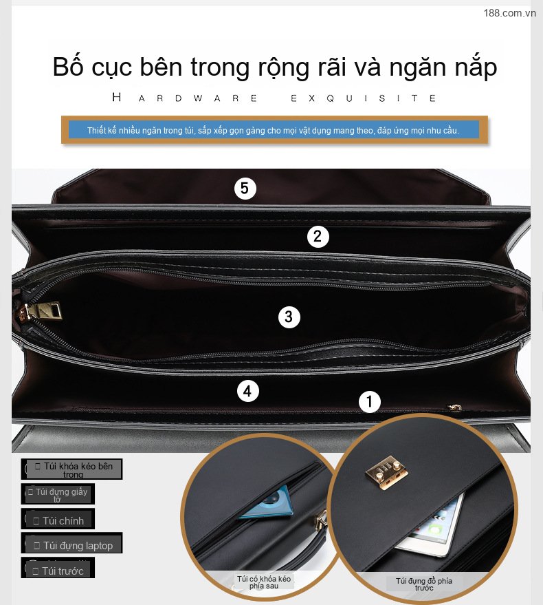 Túi Đeo Chéo/Xách Tay/Đựng Laptop Nam Da Bóng Khóa Số Công Sở Cổ Điển Màu Đen, Nâu chi tiết 8