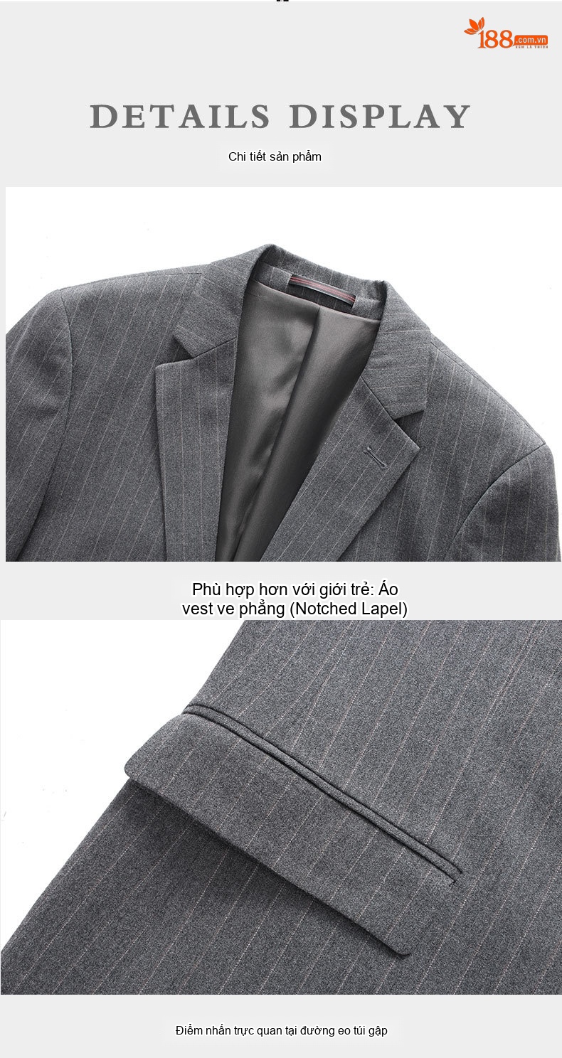 Bộ Vest Nam Kẻ Sọc Phong Cách Anh Quốc Lịch Lãm Màu Xám chi tiết 16