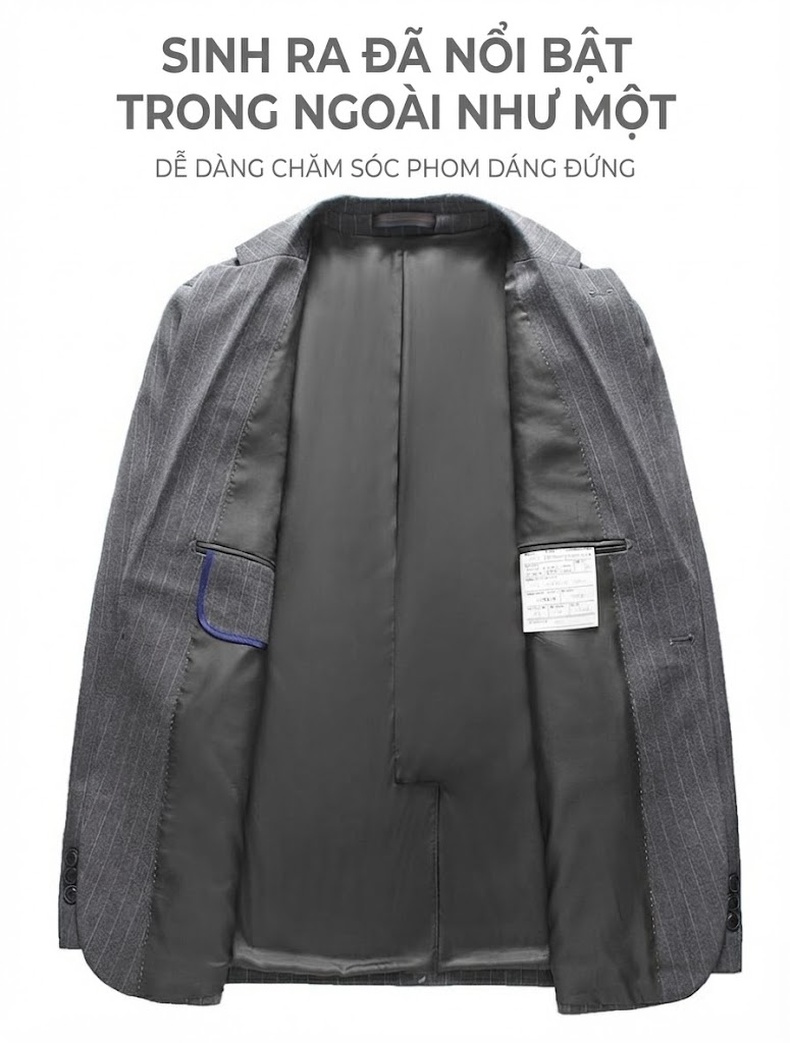 Bộ Vest Nam Kẻ Sọc Phong Cách Anh Quốc Lịch Lãm Màu Xám chi tiết 2
